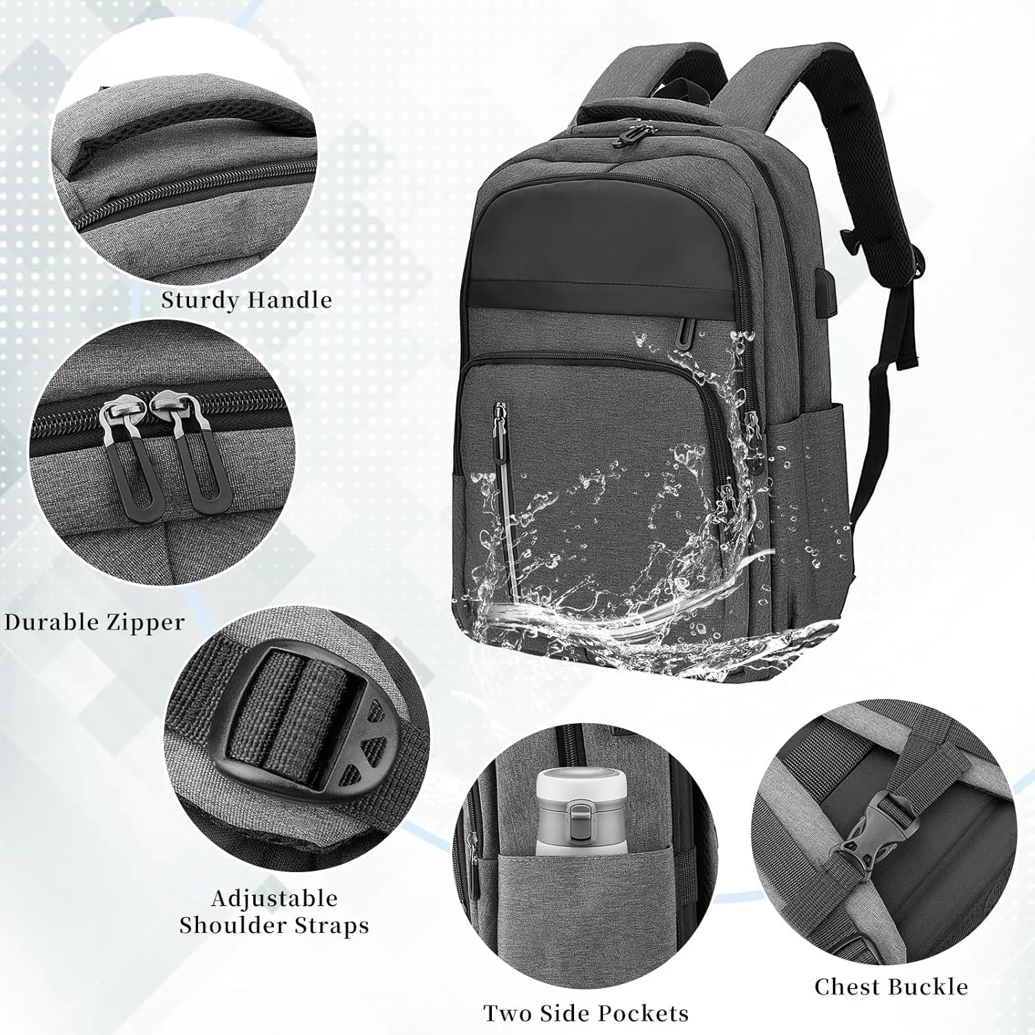 Women Men Laptop Backpack Business Travel Lightweight Waterproof Anti Theft College Computer Bag with USB Charging Port Work Daily Bag,Grey