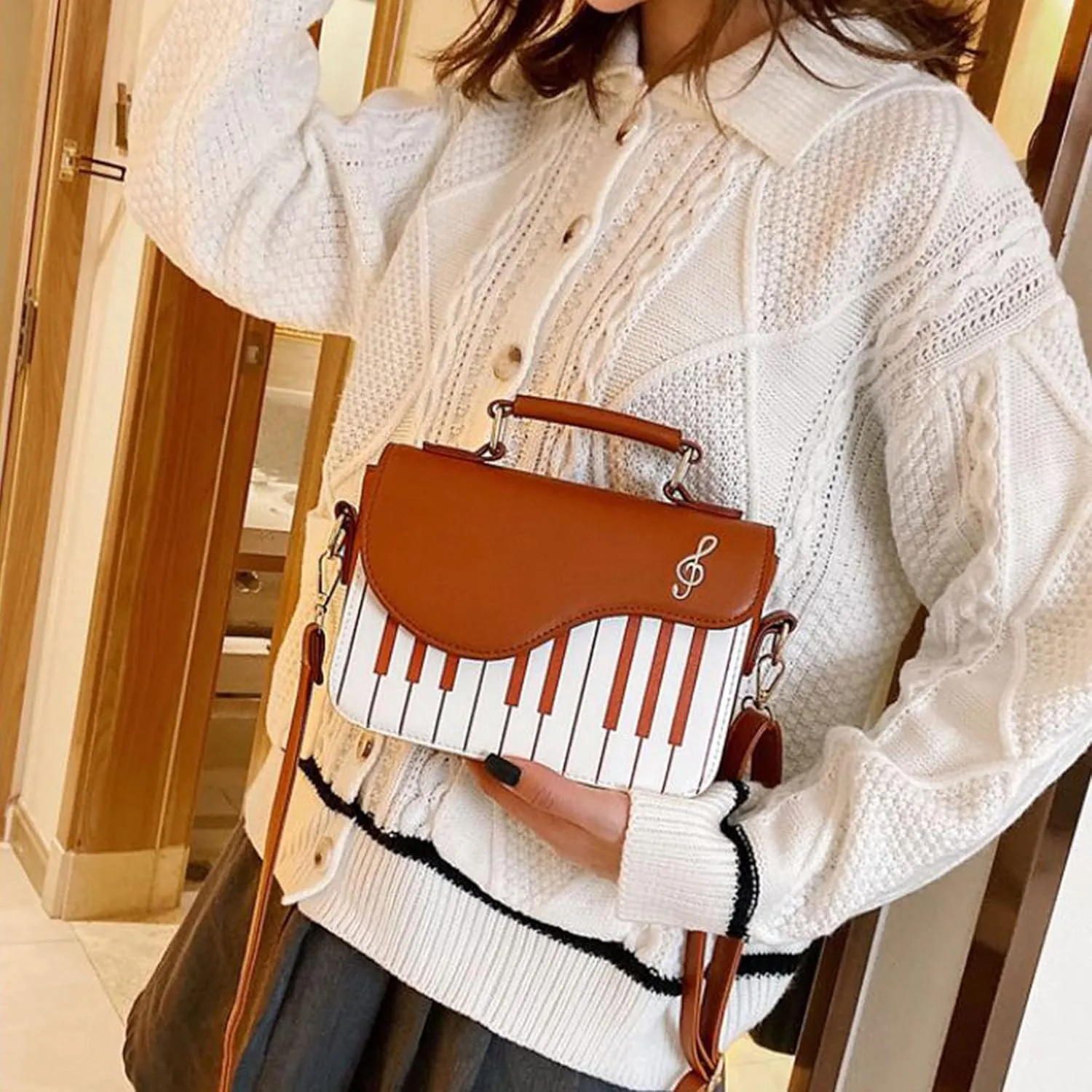 Women Piano Pattern Music Note Top Handle Satchel Mini Size Crossbody Tote Bag Purse