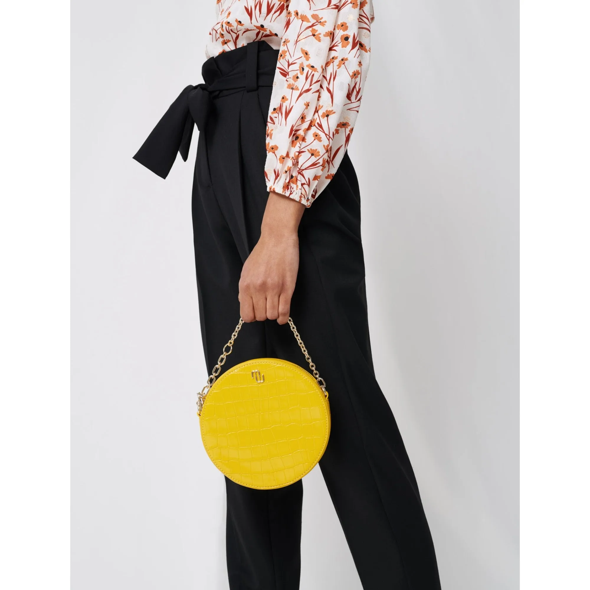Women Round Crocodile-Effect Leather Bag  - Yellow