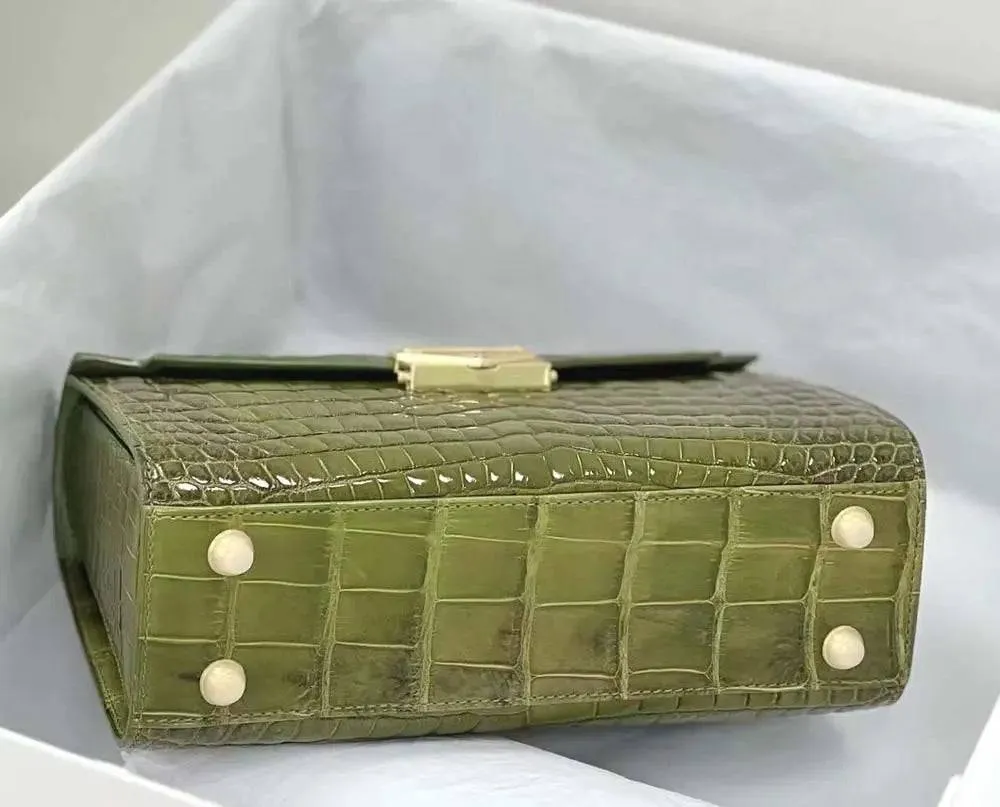 Women Shiny Himalaya Olive Green Beaded Crocodile Leather Top Handle Satchel Bag