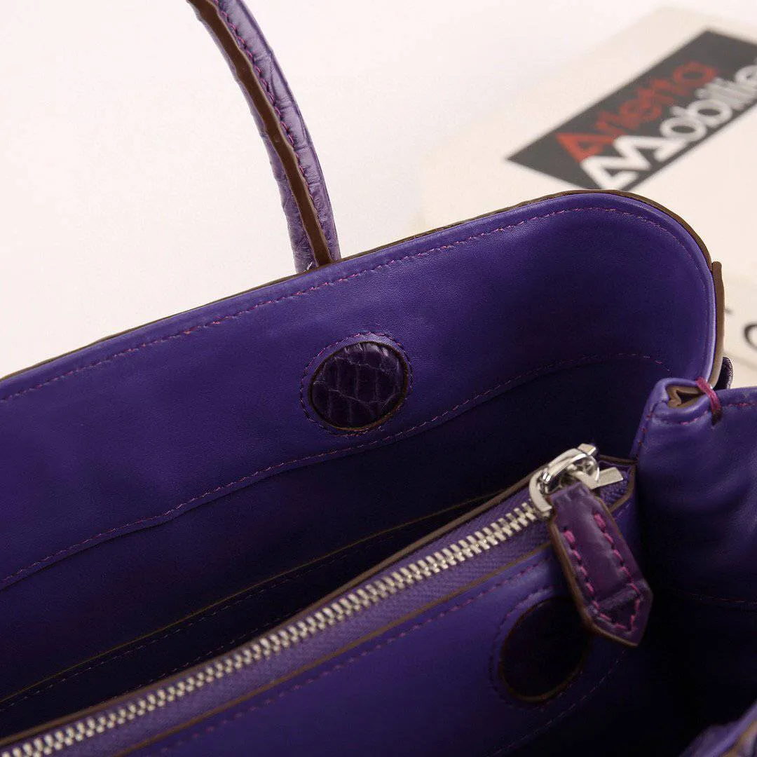 Womens Genuine Crocodile Leather Top Handle Satchel Handbag Purple 32cm